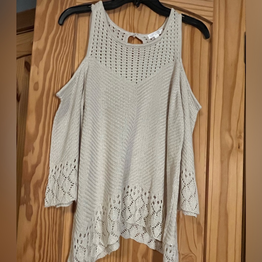 𝅺LC LAUREN CONRAD Women's Tan LG Cold Shoulder Knit‎ Top